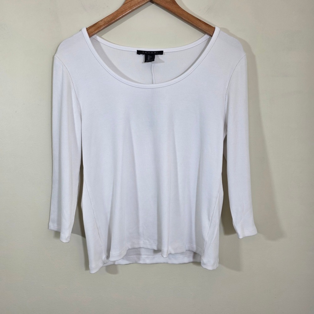 Tahari Women Ribbed Knit Top Scoop Neck 3/4 Sleeve White Casual Blouse Size L